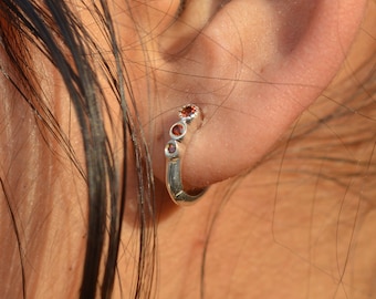 Red Garnet 925 Sterling Silver Natural Gemstone Hoop Earring ~ Gift Earring