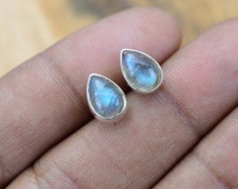 Fiery Labradorite Pear Shaped 925 Sterling Silver Gemstone 1 Pair Stud Earrings ~ 6 x 9 mm