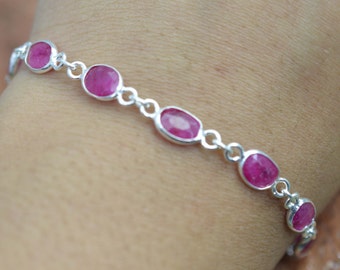 Ruby 925 Sterling Silver Cut Red Ruby Oval Gemstone Jewelry Adjustable Bracelet