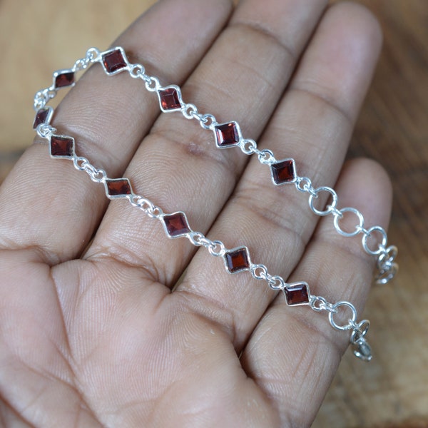 Red Garnet 925 Sterling Silver Faceted Gemstone Adjustable Bezel Bracelet ~ Gift For Her