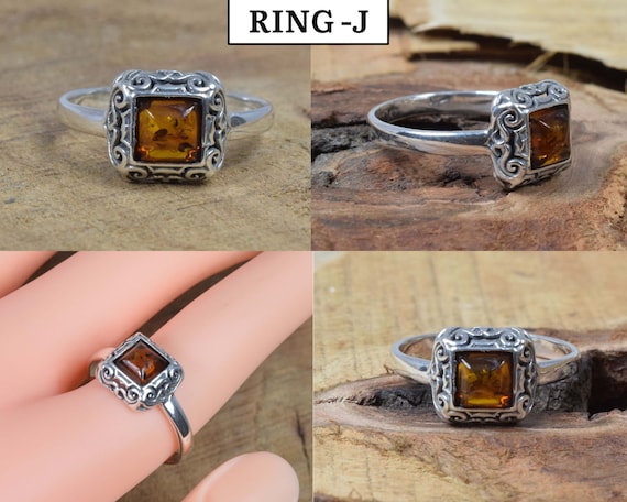 Anillo Rectangular De Plata De Ley Y ámbar Báltico Color Miel