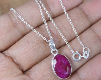 Red Ruby 925 Sterling Silver Ruby Gemstone Faceted Jewelry Pendant w/ or w/o chain ~ Oval Pendant ~ Handmade Jewelry ~ Gift For Birthday