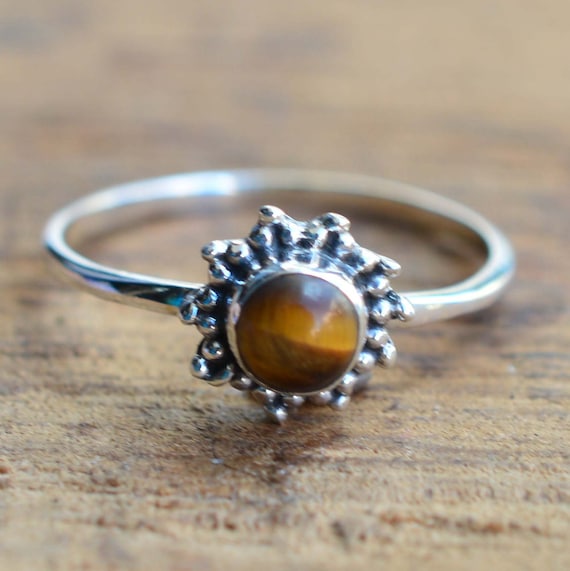 Tiger Eye 925 Sterling Silver Round Shape Gemstone Flower Ring Etsy