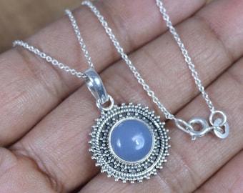 Blue Chalcedony Sterling Silver Pendant, Flower Necklace