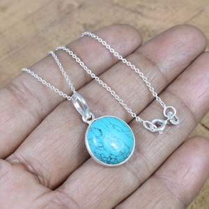 Blue Turquoise 925 Sterling Silver Round Shape Gemstone Pendant Jewelry w/ or w/o Chain Necklace ~ December Birthstone ~Gift For Christmas
