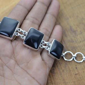 Black Onyx Sterling Silver Square Stone Link Bracelet