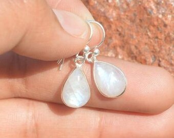 White Rainbow Moonstone 925 Silver Teardrop Shape 1 Pair Hook Earring ~ Handmade Jewelry ~ Gift For Birthday