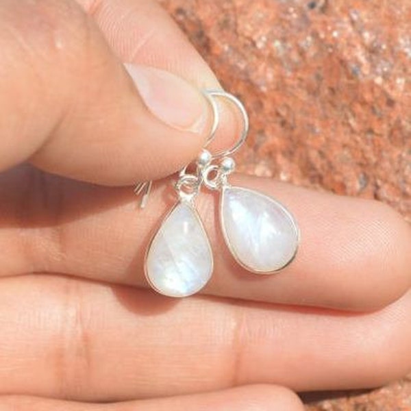 White Rainbow Moonstone 925 Silver Teardrop Shape 1 Pair Hook Earring ~ Handmade Jewelry ~ Gift For Birthday