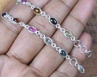 Pulseira de turmalina rosa, prata esterlina 925, várias pedras preciosas