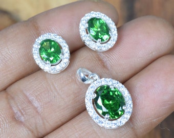 Green Emerald Topaz 925 Sterling Silver Oval Halo Pendant and Earrings, Handmade Gemstone Set