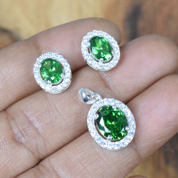 Emerald Topaz Sterling Silver Earring Pendant Set