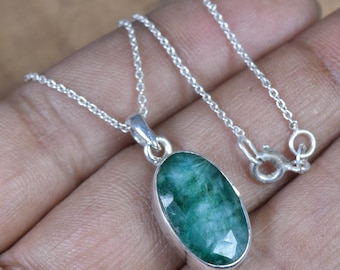 Emerald Pendant: Faceted Green Gemstone, 925 Sterling Silver Chain