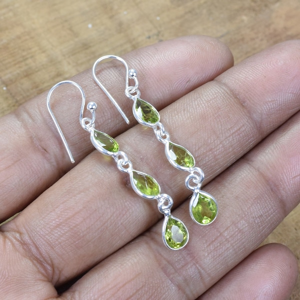 Green Peridot 925 Sterling Silver Faceted Natural Gemstone Elegant Hook Earring ~ 3 Stone Earring ~ Handmade Jewelry ~ Gift For Anniversary