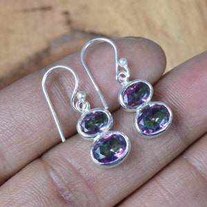 Blue Mystic Topaz 925 Sterling Silver Gemstone Faceted Hook Earring ~ 2 Stone Earring ~ Topaz Jewelry ~ Handmade Jewelry ~Gift For Christmas