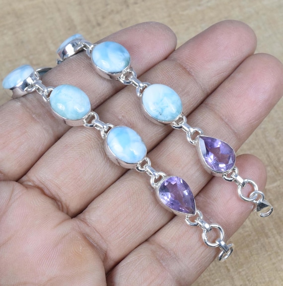 Bracelet En Argent 925 Avec Pierre Larimar - Fait Main - Longueur 7.8 Pouces - Neuf Dans Boîte Cadeau