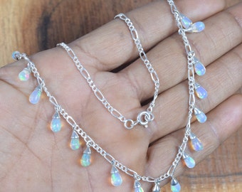 Natural Ethiopian Opal 925 Sterling Silver Gemstone Necklace ~ October Month Birthstone ~ White Opal Chain Necklace ~ Gift For Anniversary