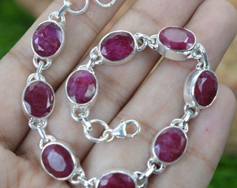 Red Ruby 925 Sterling Silver Oval Shape Adjustable Bracelet