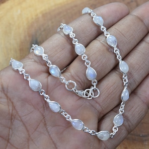 White Rainbow Moonstone 925 Sterling Silver Gemstone Chain Pear Shape Necklace Convertible Bracelet ~ Moonstone Necklace ~Gift For Christmas