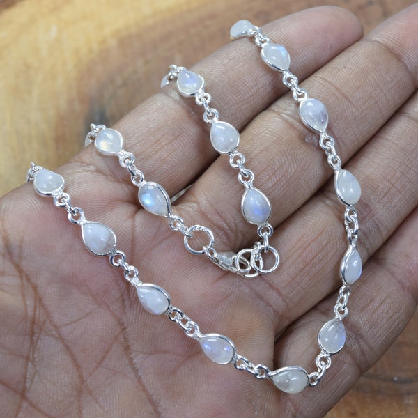 White Rainbow Moonstone 925 Sterling Silver Gemstone Chain Pear Shape Necklace Convertible Bracelet ~ Moonstone Necklace ~Gift For Christmas