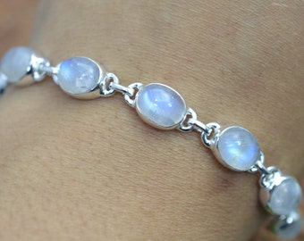 Rainbow Moonstone 925 Sterling Silver Oval Shape Adjustable Silver Bracelet, Gift Silver Bracelet