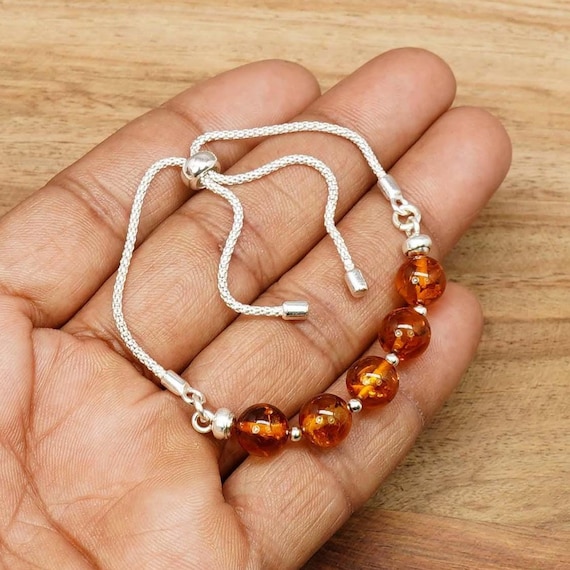 Natural Baltic Amber Adjustable Bracelet Sterling Silver, Beaded Gemstone Bracelet