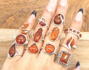 Anillo de ámbar báltico amarillo: Joyería llamativa de plata de ley 925 estilo boho.