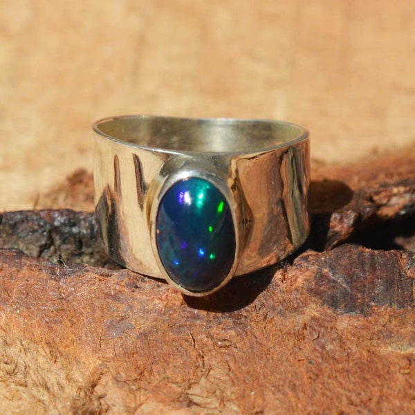 Black Ethiopian Opal 925 Sterling Silver Natural Gemstone Ring, October Birthstone Jewelry Ring