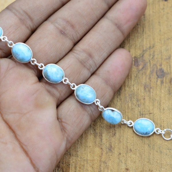 Blue Larimar 925 Sterling Silver Natural Gemstone Adjustable Bracelet, Oval Shape Gift Bracelet