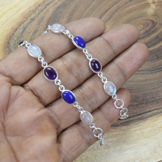 Multistone Amethyst, Rose Quartz, Iolite Cuff Bracelet Sterling Silver Beaded Multistone Amethyst, Rose Quartz, Iolite Cuff Bracelet Sterling Silver Beaded