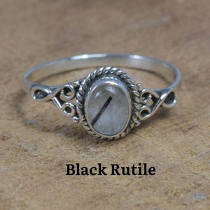 Bague en argent de créateur en argent sterling 925 avec pierre de lune / onyx / oeil de tigre / calcédoine / turquoise / pierre de lune / améthyste Black Rutile