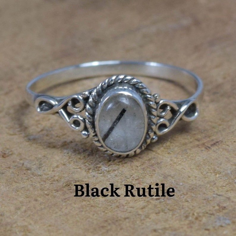 925 Sterling Silver Moonstone / Onyx / Tiger's Eye / Chalcedony / Turquoise / Moonstone / Amethyst Natural Crystal Designer Silver Ring Black Rutile