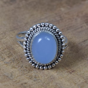 Blue Chalcedony Ring: Oval Gemstone, 925 Sterling Silver, Handmade