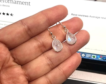 White Rainbow Moonstone 925 Silver Teardrop Shape 1 Pair Hook Earring ~ Handmade Jewelry ~ Gift For Birthday