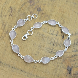 Pink Rose Quartz 925 Sterling Silver Gemstone Adjustable Bracelet image 1