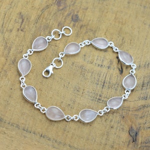 Pink Rose Quartz 925 Sterling Silver Gemstone Adjustable Bracelet