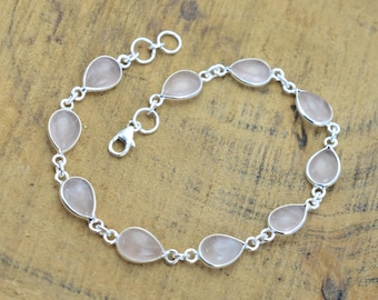 Pink Rose Quartz 925 Sterling Silver Gemstone Adjustable Bracelet