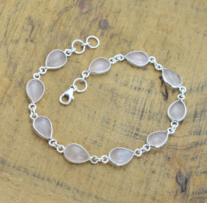 Pink Rose Quartz 925 Sterling Silver Gemstone Adjustable Bracelet image 1