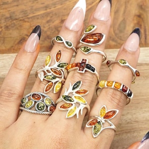 Multi Baltic Amber 925 Sterling Silver Real Gemstone Ring, Handmade Baltic Stone Ring, Cognac, Green & Yellow Amber Jewelry, Boho Jewelry