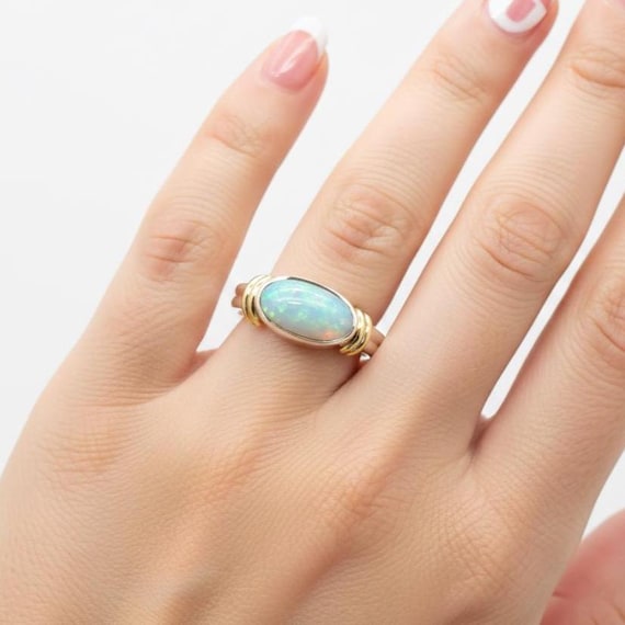Welo Ethiopian Opal 925 Sterling Silver Gemstone Two Tone Ring, Dainty October Birthstone Jewelry