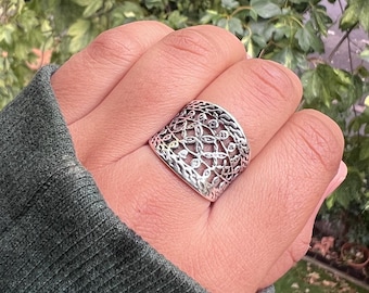 Zilveren filigraanring: handgemaakte 925 sterlingzilveren boho-sieraden