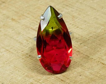 Watermelon Quartz Sterling Silver Ring: Pear Gemstone, Handmade US Size 7