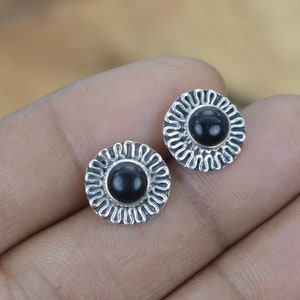 Black Onyx 925 Sterling Silver Designer Stud ~ Gemstone Jewelry Stud Earring ~ Round Shape