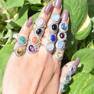 925 Sterling Silver Moonstone / Onyx / Tiger&#39;s Eye / Chalcedony / Turquoise / Moonstone / Amethyst Natural Crystal Oval Designer Silver Ring