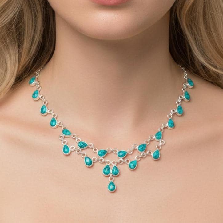 Blue Turquoise 925 Sterling Silver Teardrop Gemstone Choker Necklace