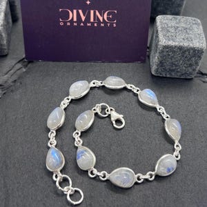 White Rainbow Moonstone 925 Silver 10 Stone Adjustable Bracelet