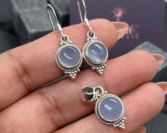 Blue Chalcedony 925 Sterling Silver Round Gemstone Jewelry Earrings Pendant Set