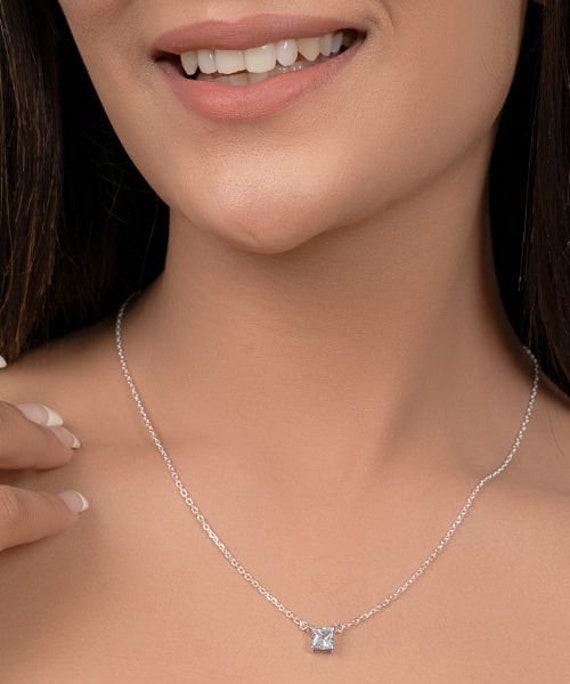 [PRIMAUTE] 925Silver☆Cubic Square Necklace 925 Sterling Silver Necklace, 14k White Gold Plated, 1.0