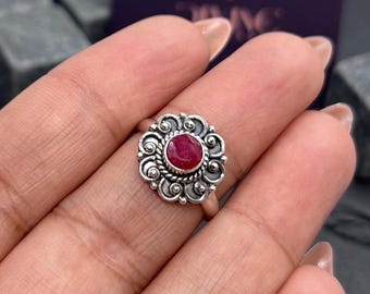 Bague fleur rubis rouge à facettes : argent sterling 925, pierre précieuse