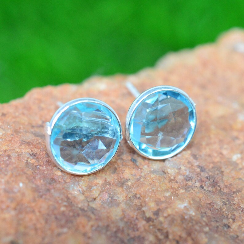 Blue Quartz 925 Sterling Silver Round Shape Stud Earring