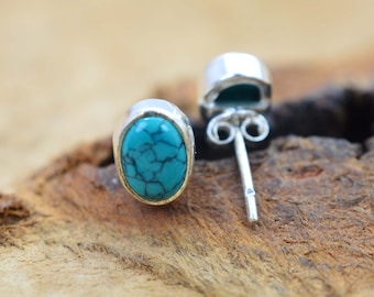 Blue Turquoise 925 Solid Sterling Silver Oval Stud Earring